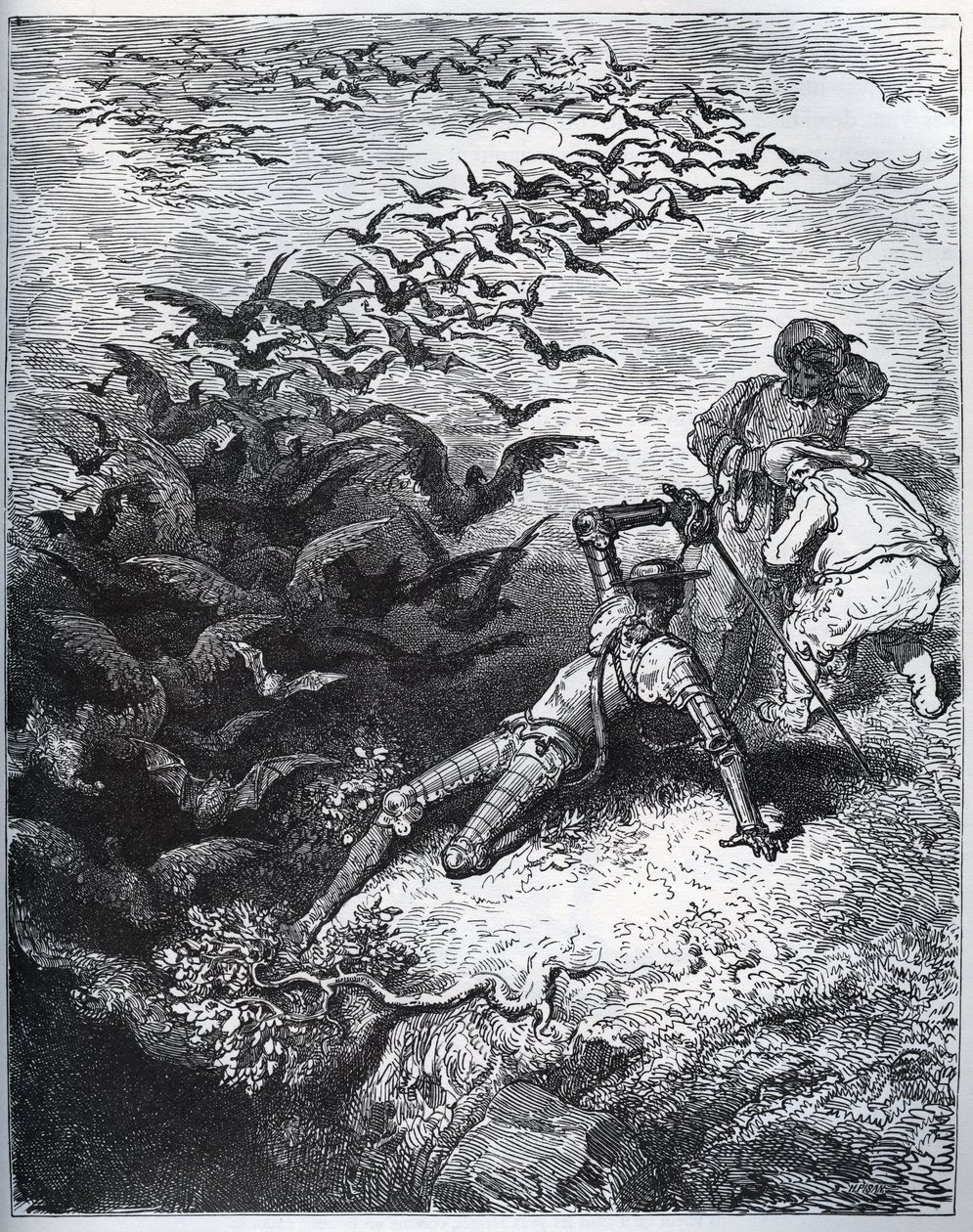 Don Quijote a la cave de Montesinos - Montesinoksen luolasta lentää ääretön määrä variksia ja varkia, jotka kaatavat Don Quijoten maahan (II, 22) - Miguel Cervantesin (1547-) "Don Quijote de la Manchasta" 1616) (Don Quijote) - Puupiirros piirtämisen jälkee tekijältä Gustave Dore