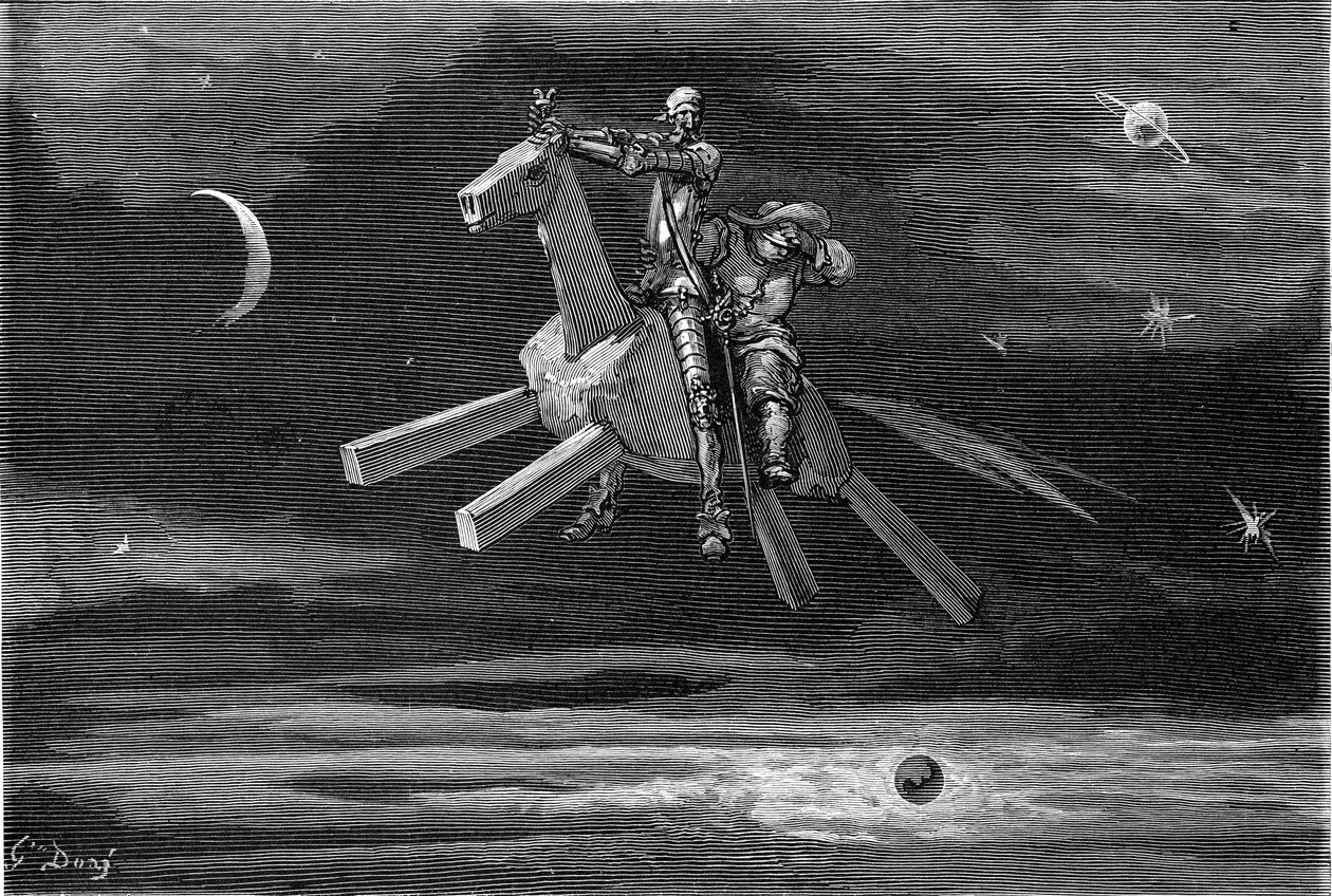 Don Quijote ja Sancho Panca (Panza) taivaalla, kuun ja tähtien välissä, puuhevosella Clavilegne. Gustave Doren kaiverrus, joka kuvittaa Hachetten vuonna 1869 julkaisemaa kirjaa "L