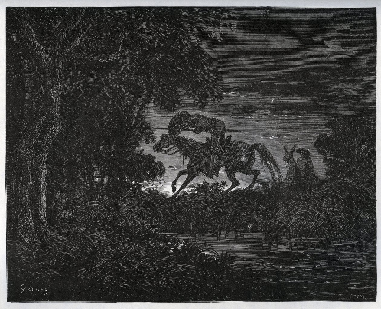 Don Quijote ja Sancho Panza seikkailun alussa paksussa ja tuntemattomassa metsässä - Miguel Cervantesin (1547-1616) "Don Quijote de la Manchasta" (Don Quijote) - Gustave Doren piirtämän puupiirros tekijältä Gustave Dore
