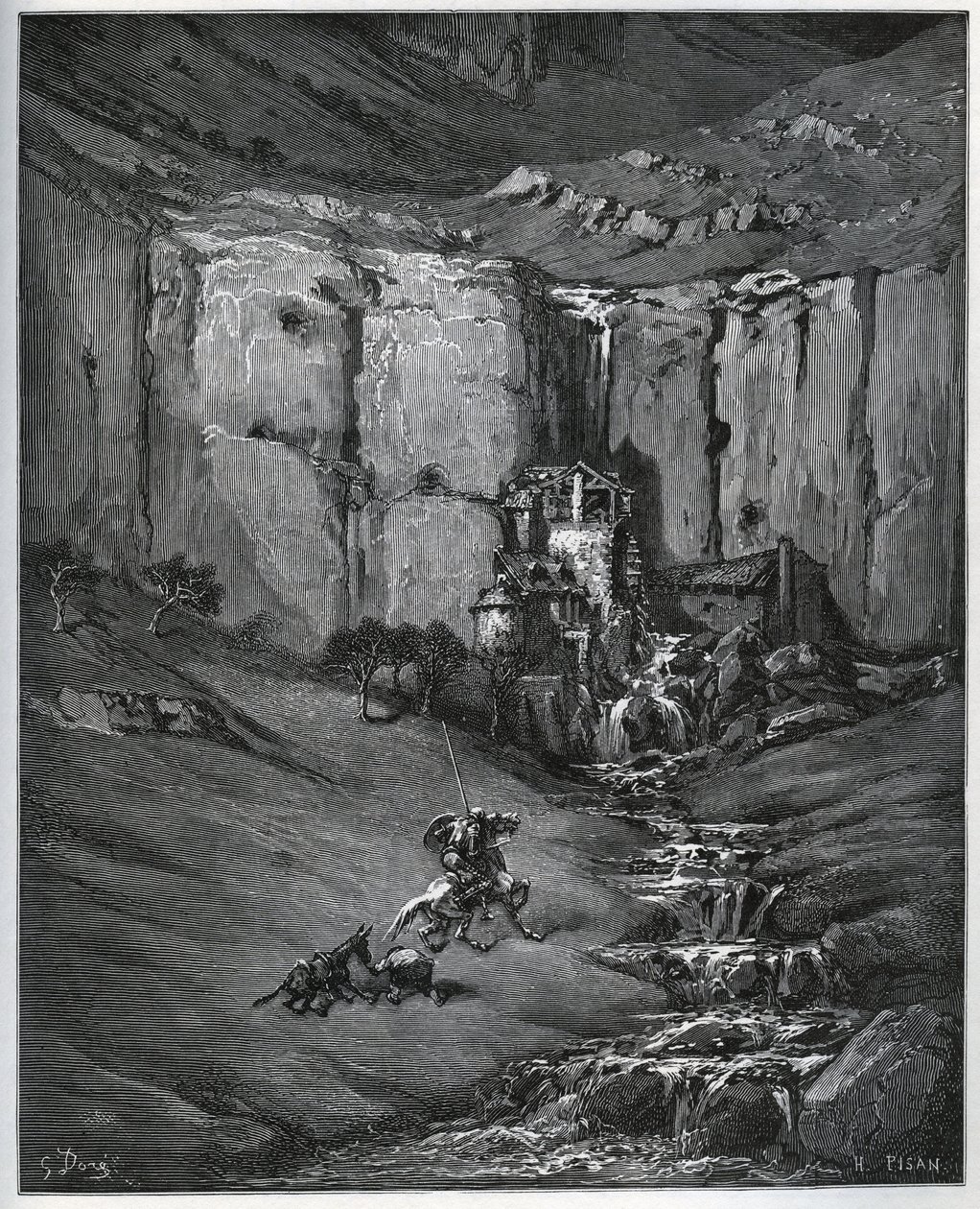 Don Quijote ja Sancho Panza saavat selville, mikä aiheutti heidän huolensa, vesiputous ja mylly ja foulon - Miguel Cervantesin (1547-1616) "Don Quijote de la Mancha" (Don Quijote) - Gustave Doren piirtämän puupiirros tekijältä Gustave Dore