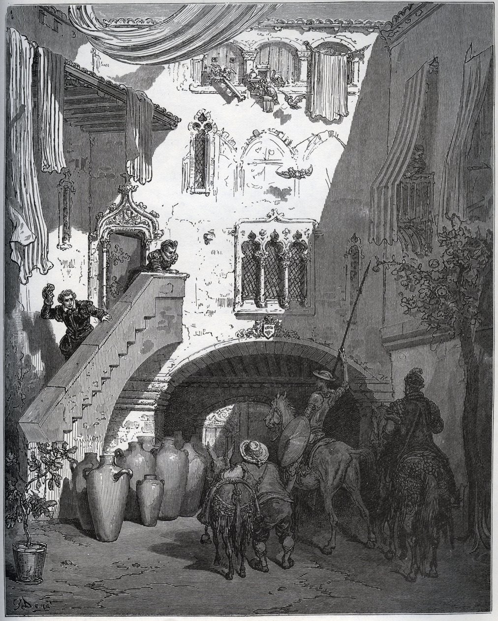 Don Diego de Mirandan kotiin kutsumat Don Quijote ja Sancho Panza toivottavat herrasmiehen vaimo ja poika tervetulleiksi - Miguel Cervantesin (1547-1616) "Don Quijote de la Manchasta" (Don Quijote) - Gustaven piirtämän puupiirros Dore tekijältä Gustave Dore