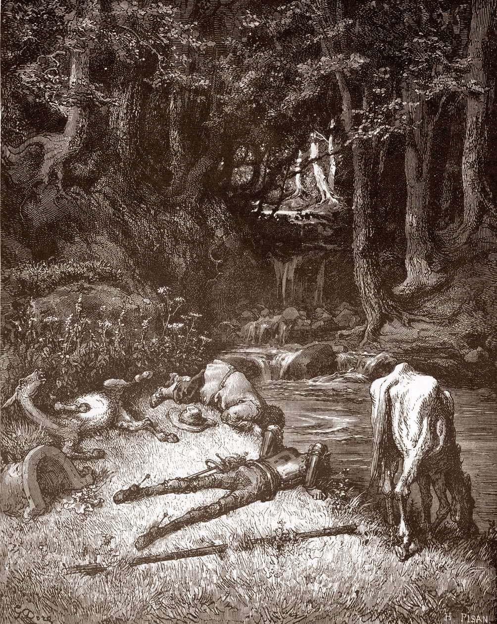 Don Quijote ja Sancho Panza virkistävät niitä purossa Gustave Doren (1832-1883) kaiverrus Miguel de Cervantesin (1547-1616) "L