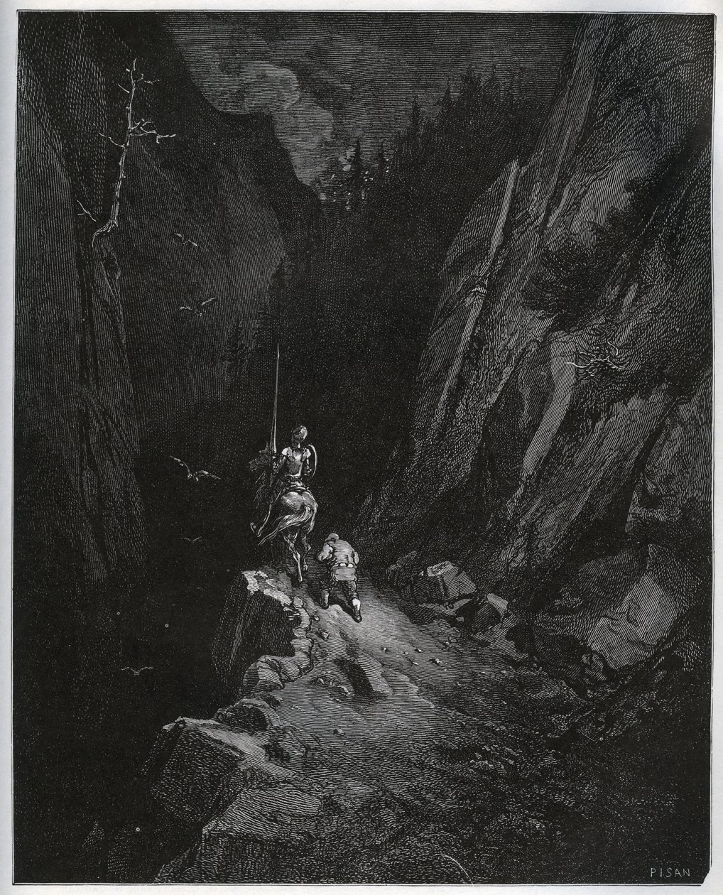 Don Quijote ja Sancho Panza uppoavat Sierra Morenaan - Miguel Cervantesin (1547-1616) "Don Quijote de la Manchasta" (Don Quijote) - Gustave Doren piirtämän puupiirros tekijältä Gustave Dore