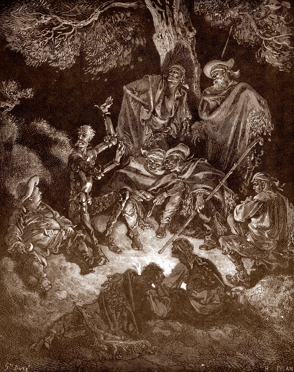 Don Quijote ja Sancho Panza vuohipaimenten kanssa Gustave Doren (1832-1883) kaiverrus Miguel de Cervantesin (1547-1616) "L