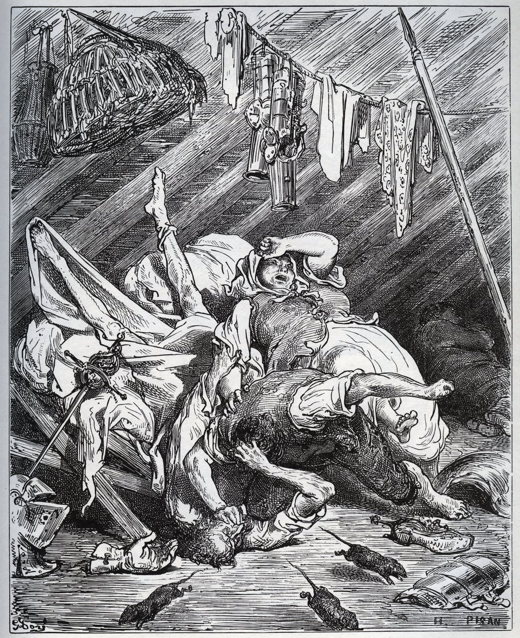 Don Quijote ja muulintekijä taistelevat Maritornesin, taloudenhoitajan puolesta, jonka Don Quijote ottaa Dulcineekseen - Miguel Cervantesin (1547-1616) "Don Quijote de la Manchasta" (Don Quijote) - Gustave Doren piirtämän puupiirros tekijältä Gustave Dore
