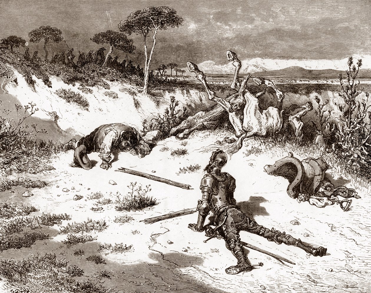 Don Quijote ja sancho Panza tappelun jälkeen vartijoiden ja rikollisten kanssa Gustave Doren (1832-1883) kaiverrus Miguel de Cervantesin (1547-1616) "L