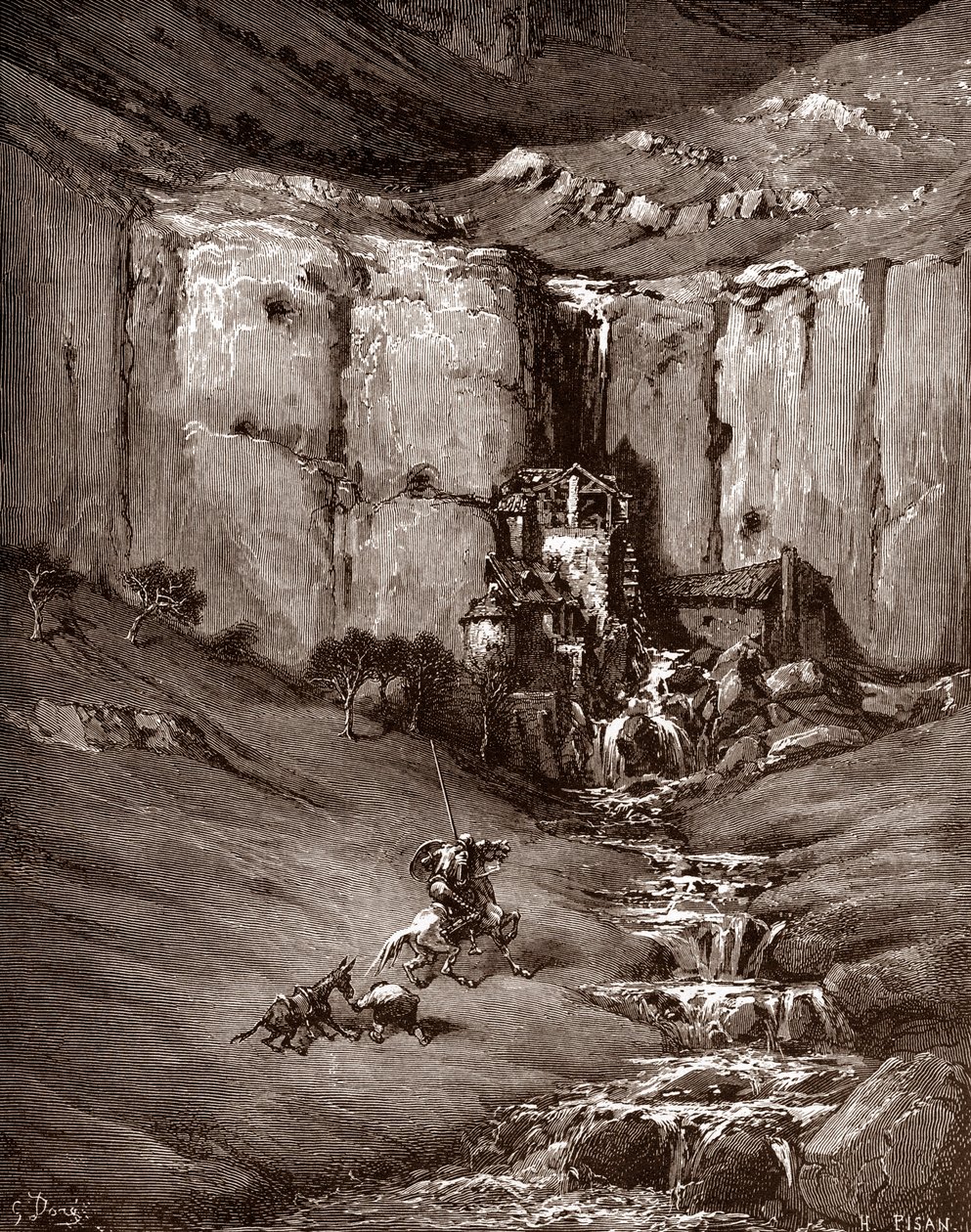 Don Quijote ja sancho Panza näkevät vesiputouksen ja meluisia kohoja (Don Quijote ja sancho Panza näkevät vesiputouksen ja meluisia kohoja) Gustave Doren (1832-1883) kaiverrus teokseen "The Ingenieux Hidalgo Don Quijote de la Mancha (Quixotte - Quijote)" M tekijältä Gustave Dore