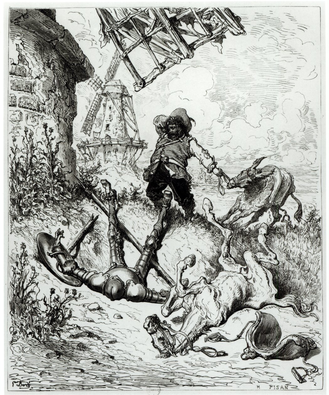 Don Quijote ja tuulimyllyt, Miguel Cervantesin (1547-1616) Don Quijote de la Manchasta, kaivertanut Heliodore Joseph Pisan (1822-90) tekijältä Gustave Dore