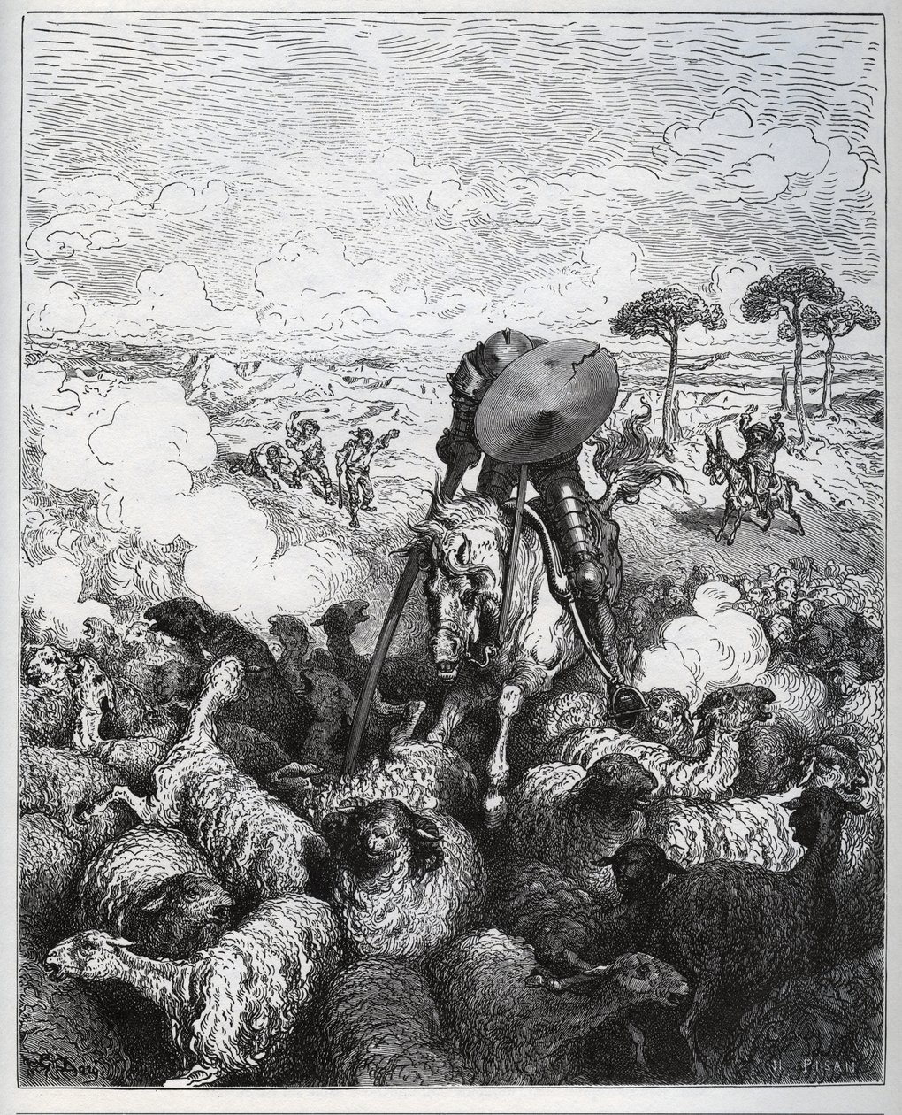 Don Quijote hyökkää lammaslauman kimppuun uskoen, että hän oli tekemisissä Taprobanan Alibanfaronin armeijan kanssa - Miguel Cervantesin (1547-1616) "Don Quijote de la Mancha" (Don Quijote) - Gustave Doren piirtämän puupiirros tekijältä Gustave Dore