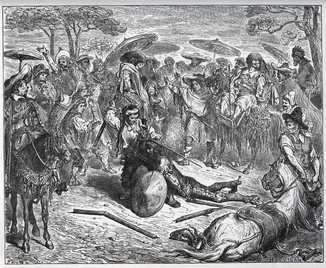 Don Quijote lyöty keskellä kauppiasryhmää - Muulintekijä oli saanut maistaa pelistä - Miguel Cervantesin "Don Quijote de la Manchasta" tekijältä Gustave Dore