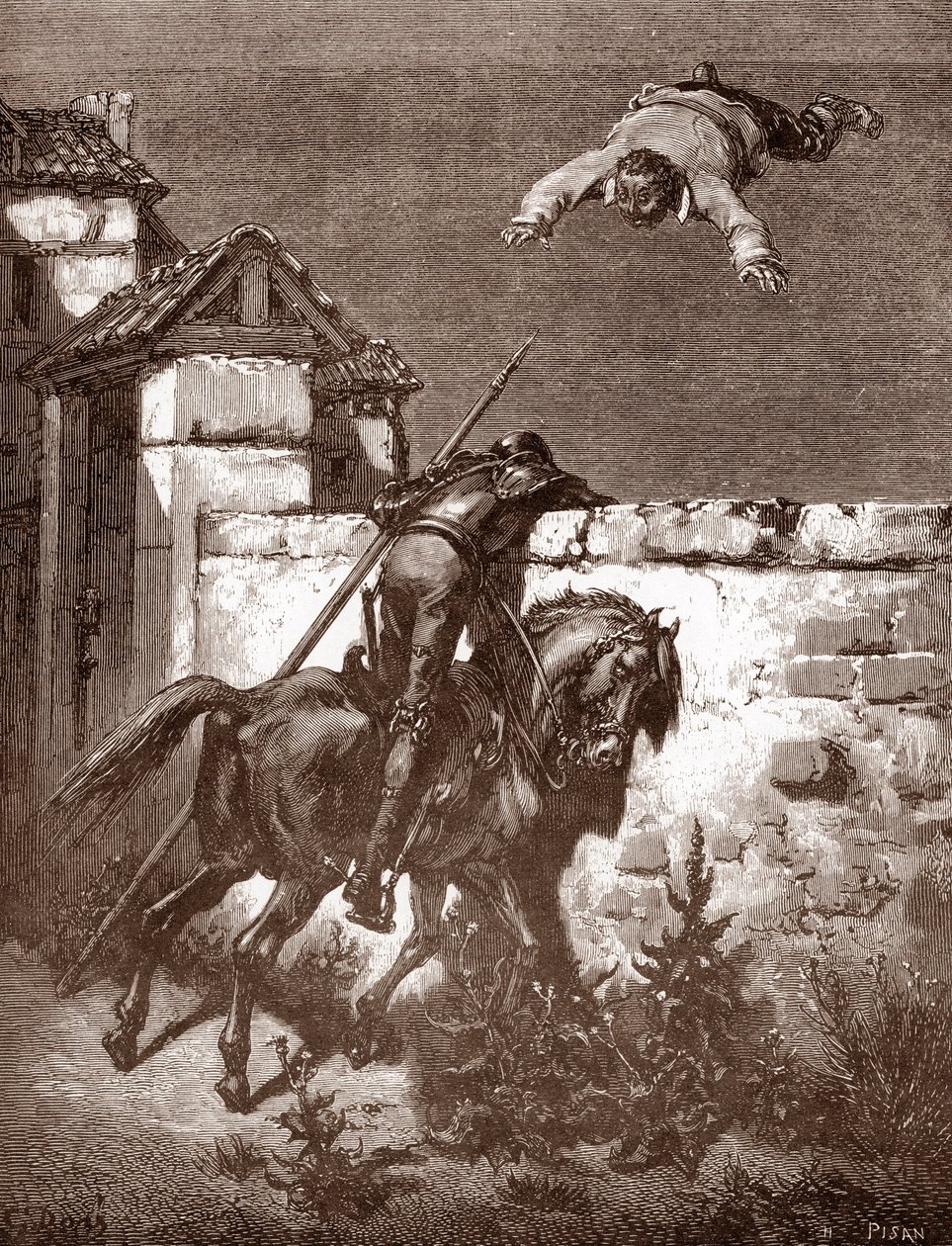 Don Quijote ei pysty pysäyttämään Sancho Pancan kantoraketteja, jotka saavat hänet pomppimaan huovalla (Don Quijoten huomautukset eivät vaikuta heittäjiin) Gustave Doren (1832-1883) kaiverrus kappaleeseen "L