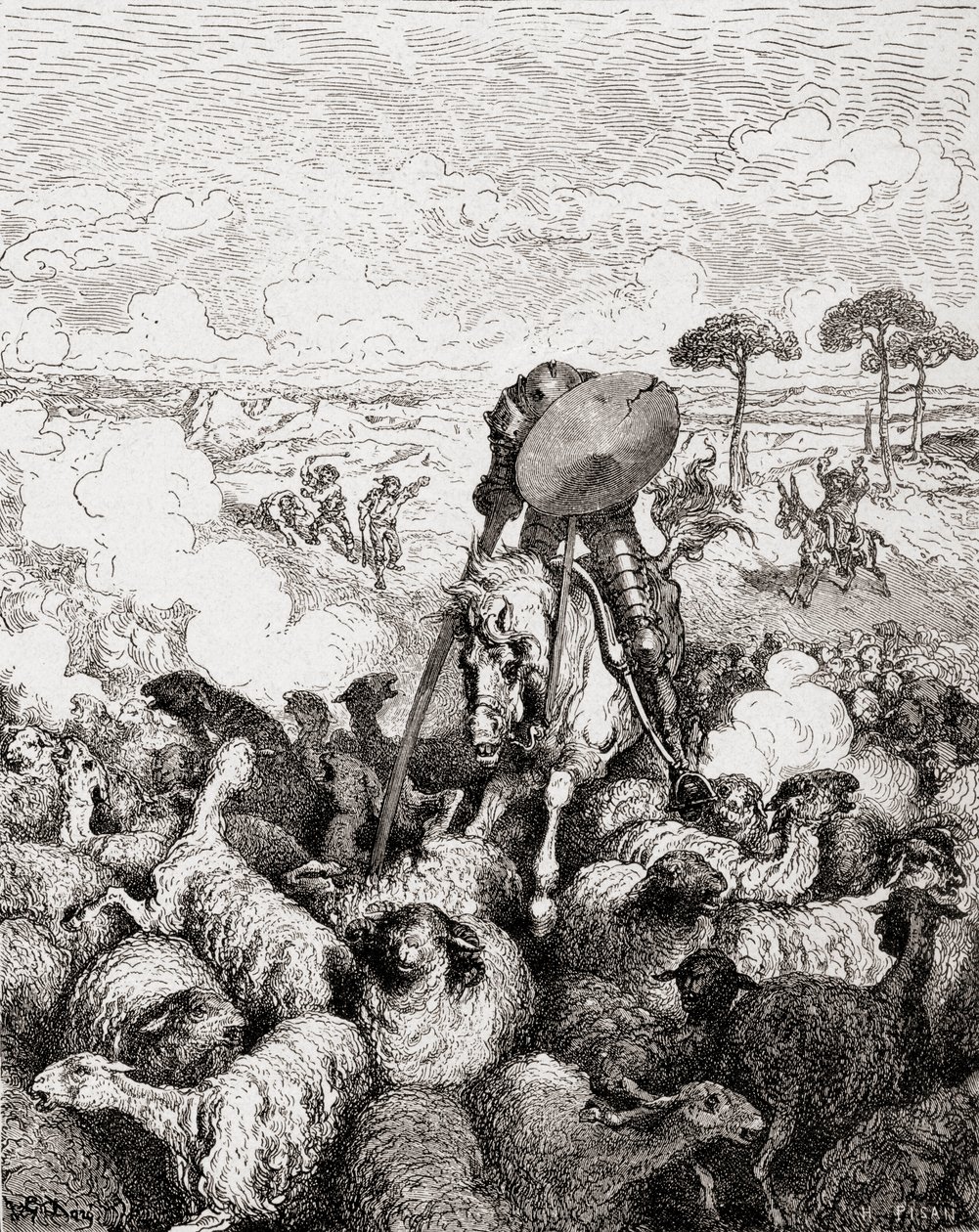 Don Quijote taistelee lammaslaumaa vastaan, pubista Die Gartenlaube. 1905 tekijältä Gustave Dore