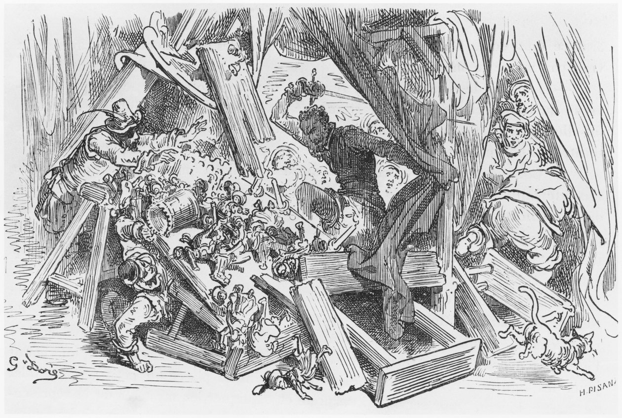 Don Quijote taistelee nukkeja vastaan, kuvitus Miguel Cervantesin (1547-1616) Don Quijote de la Manchasta, kaiverrettu Heliodore Joseph Pisan (1822-90) tekijältä Gustave Dore