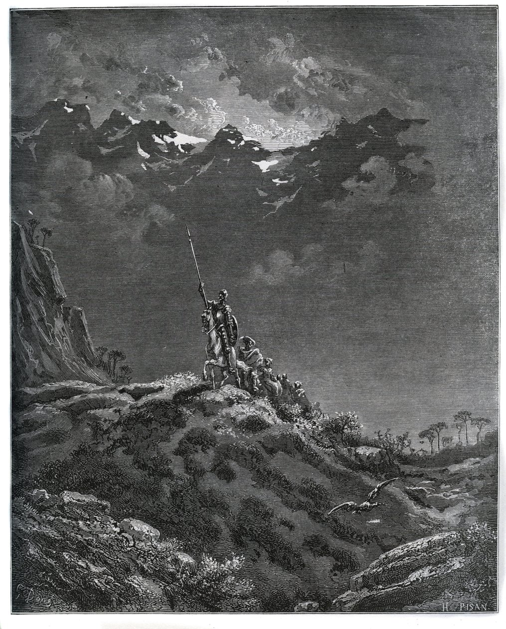 Don Quijote lähtee lähetystyöhön Dorotheelle, mukana parturi Sancho Panza, Dorothee, parturi ja Cardenio - Miguel Cervantesin (1547-1616) "Don Quijote de la Manchasta" (Don Quijote) - Gustave Doren piirtämän puupiirros tekijältä Gustave Dore