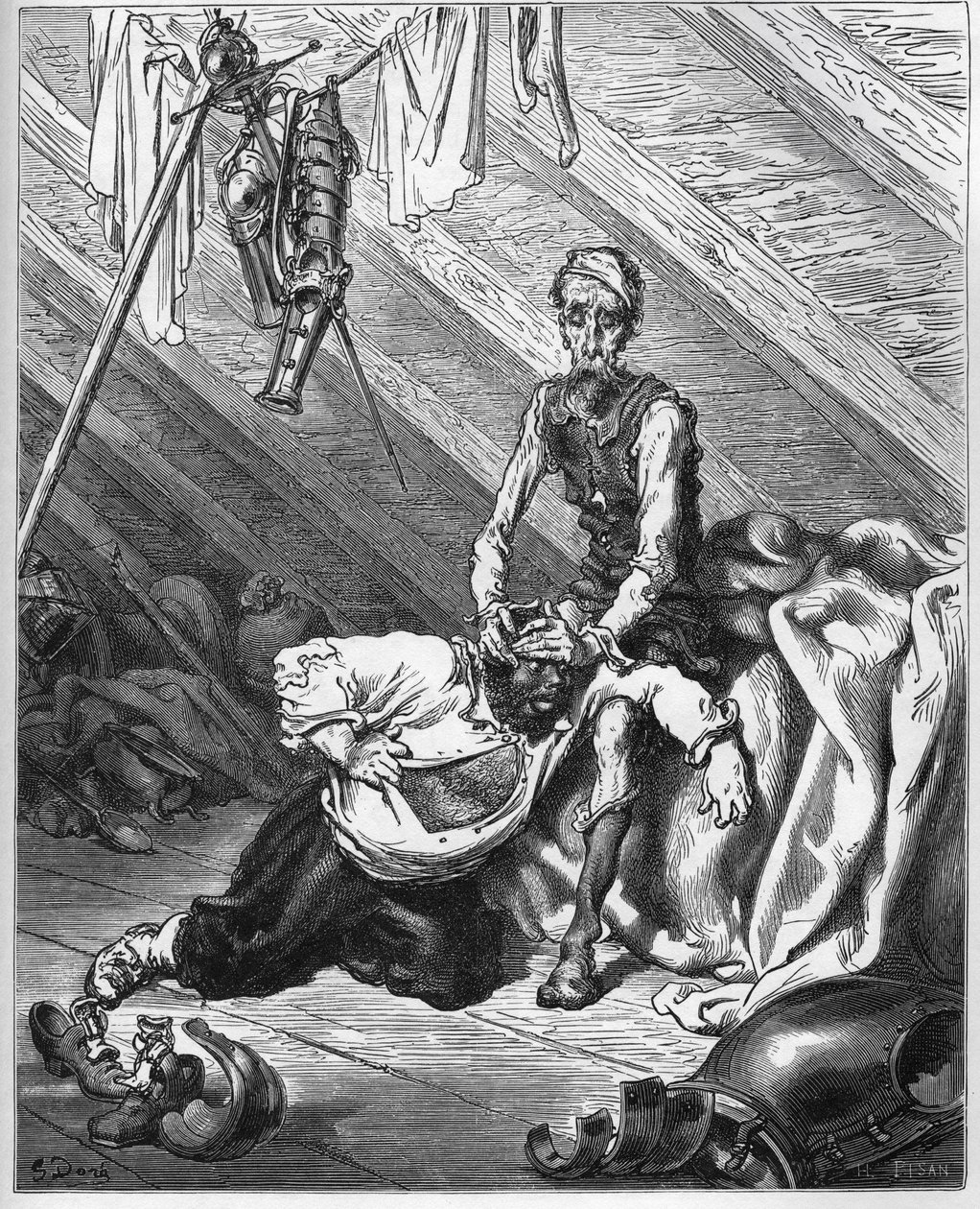 Don Quijote saa Sancho Panzan maistamaan kallisarvoista aistibalsamiaan parantamaan heidät kaikista vaivoista - Miguel Cervantesin "Don Quijote de la Manchasta" tekijältä Gustave Dore