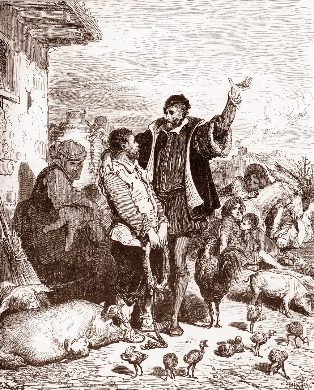 Don Quijote suostuttelee naapurinsa Sancho Panzan ryhtymään hänen orjaansa lupaamalla tehdä hänestä jonkin valloitetun saaren kuvernöörin Gustave Doren (1832-1883) kaiverrus "L