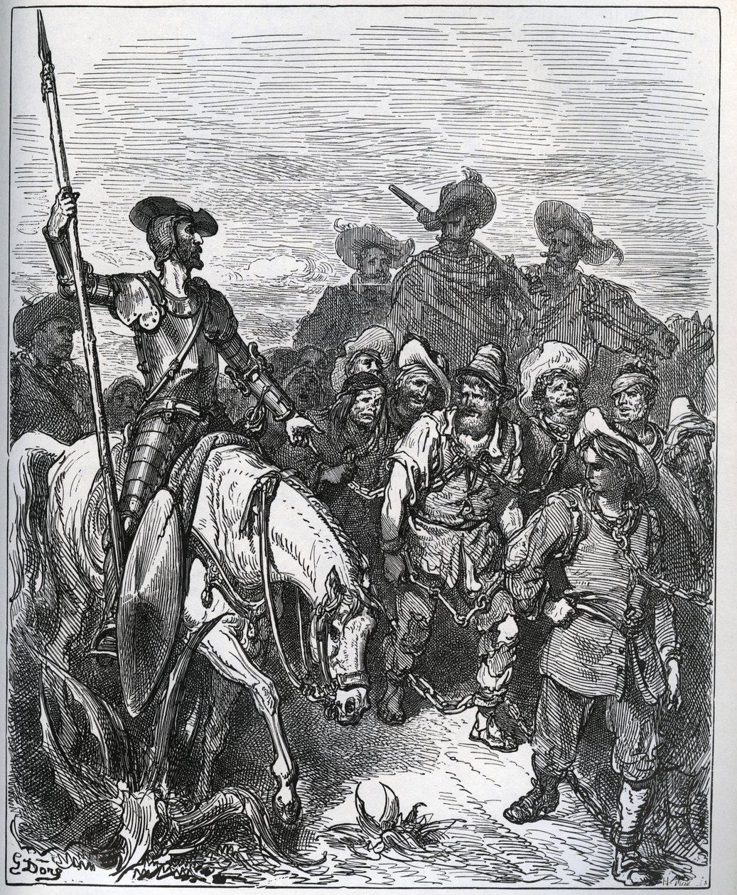 Don Quijote kyseenalaistaa voimien syyt heidän vakaumukseensa - Miguel Cervantesin (1547-1616) "Don Quijote de la Mancha" (Don Quijote) - Gustave Doren piirtämän puupiirros tekijältä Gustave Dore