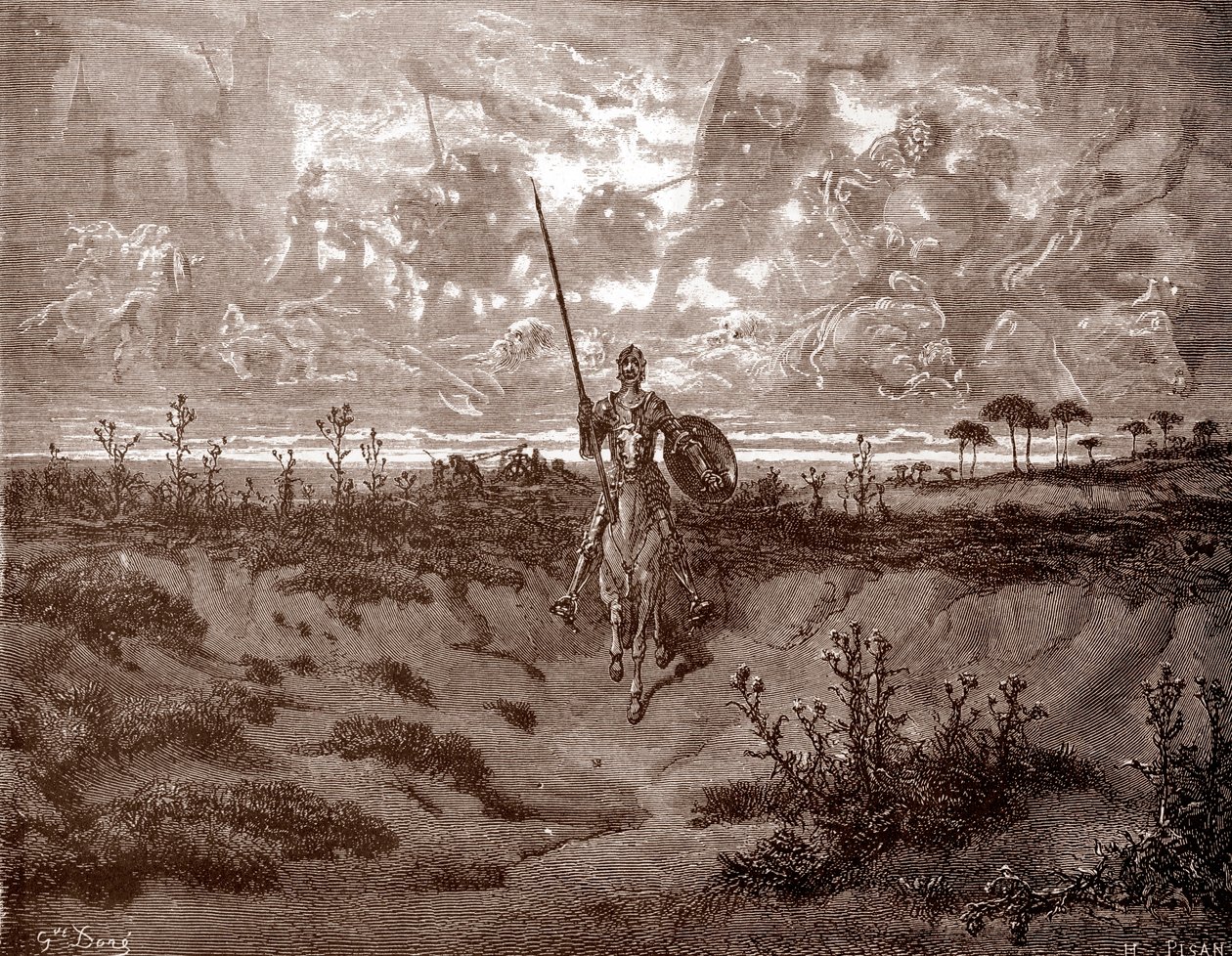 Don Quijote lähtee seikkailuihinsa Gustave Doren (1832-1883) kaiverrus Miguel de Cervantesin (1547-1616) "L