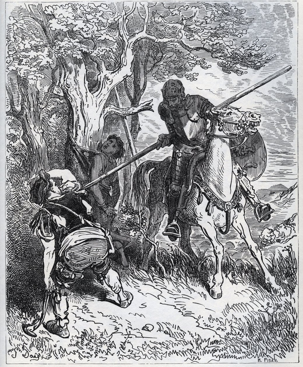 Don Quijote puoltaa nuorta palvelijaa - "Meidät saartavassa auringonpaisteessa en tiedä, kuka estää minua syöttämästä terääni ruumiin läpi" - Miguel Cervantesin (1547) "Don Quijote de la Manchasta" 1616) (Don Quijote) - Puupiirros Gustan piirtämänä tekijältä Gustave Dore