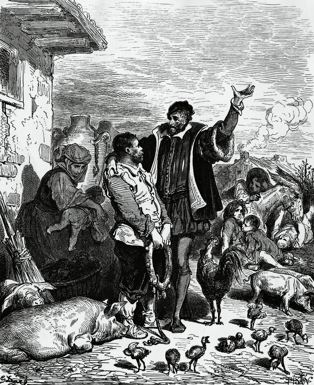 Don Quijote vie Sancho Panzan kotoaan ja julistaa hänet kuvernööriksi, kuvitus Gustave Dore