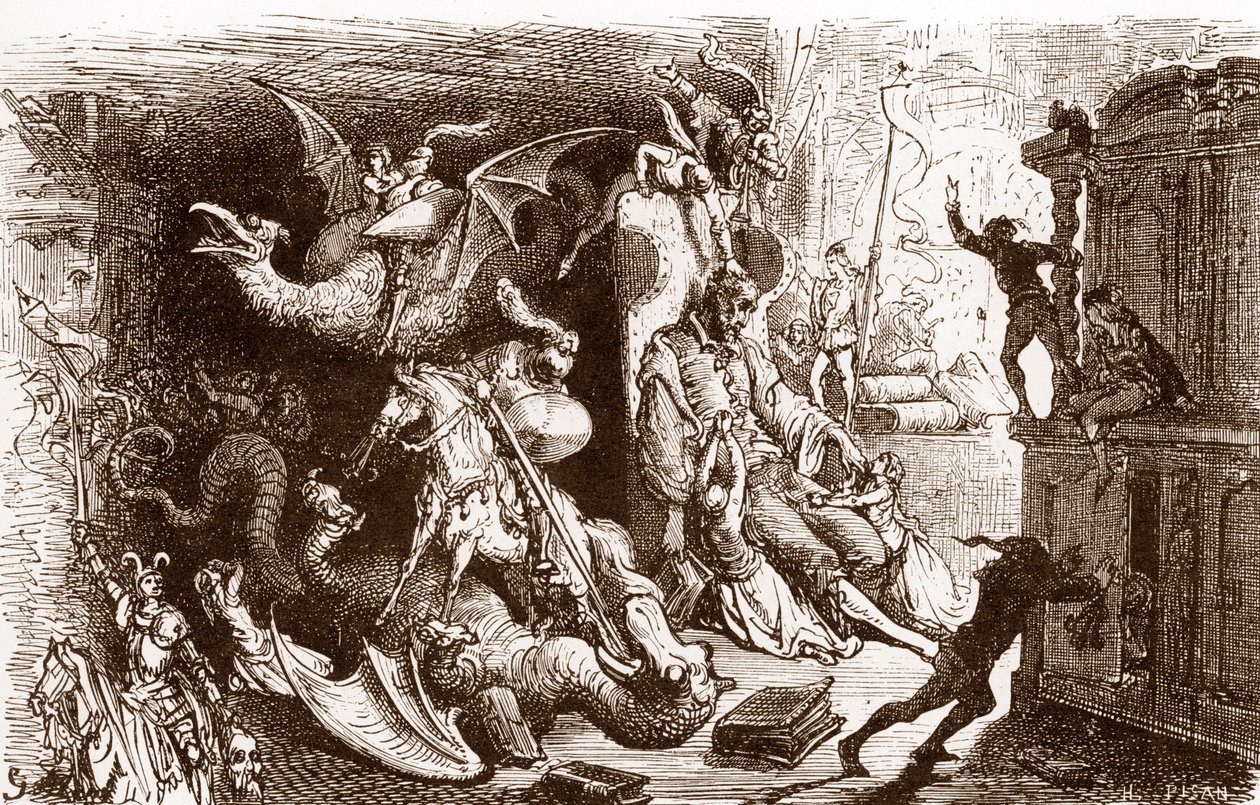 Don Quijote ajattelee vain ritaritekoja Gustave Doren (1832-1883) kaiverrus Miguel de Cervantesin (1547-1616) "L