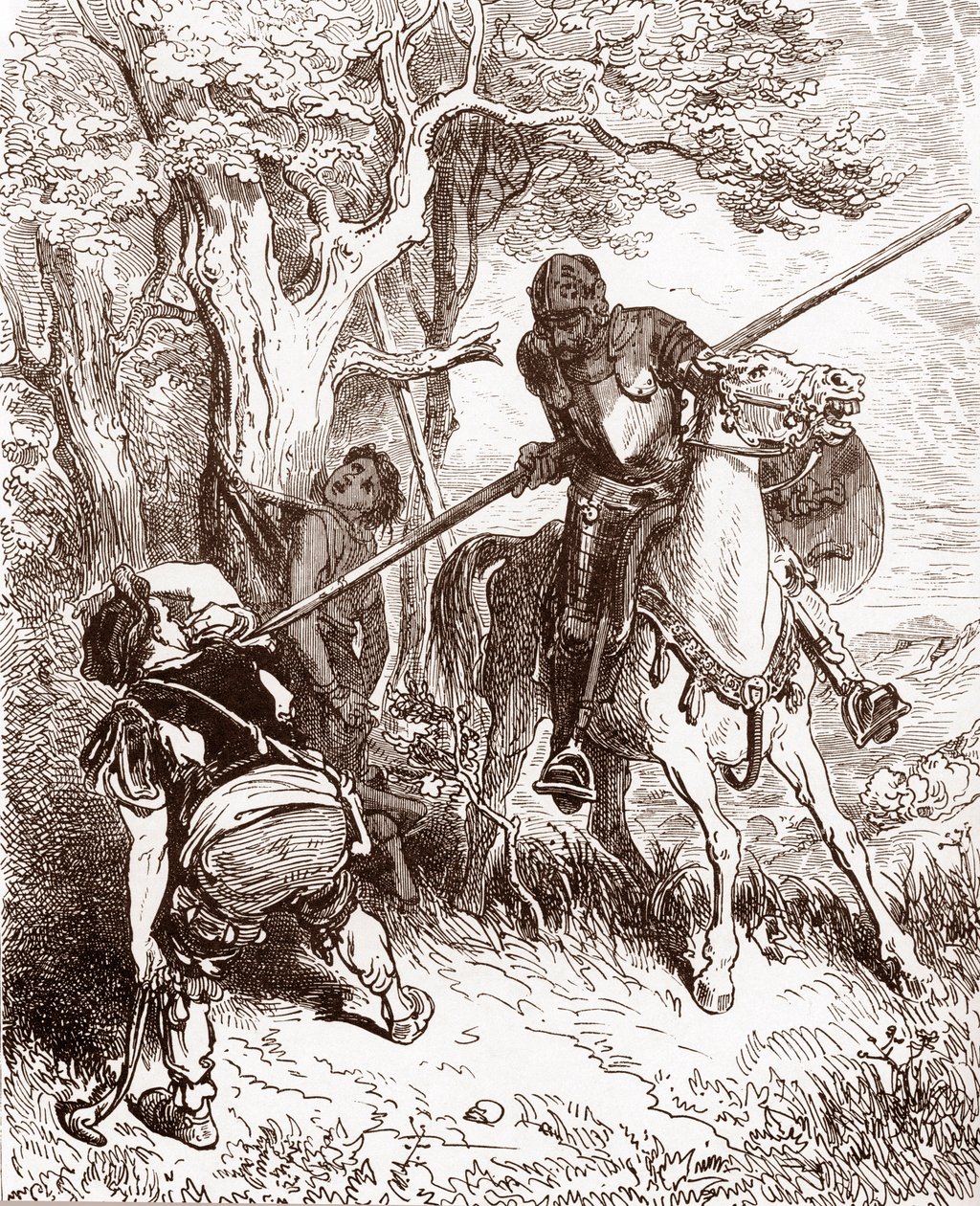 Don Quijote uhkaa paimenpoikaa kuljettavaa talonpoikaa Gustave Doren (1832-1883) kaiverrus Miguel de Cervantesin (1547-1616) "L