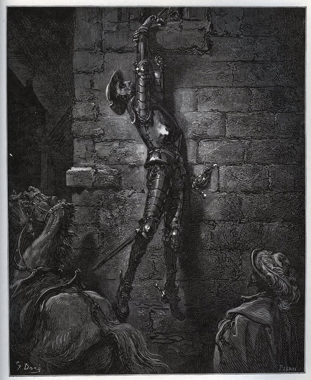Majatalonpitäjän tyttären ja Maritornesin loukkuun jäänyt Don Quijote jää roikkumaan ikkunasta. - Miguel Cervantesin (1547-1616) "Don Quijote de la Manchasta" (Don Quijote) - Gustave Doren piirtämän puupiirros tekijältä Gustave Dore