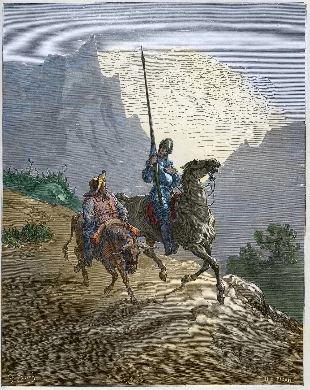 Don Quijote Sancho Panzan kanssa - Don Quijote de la Mancha " kirjoittanut Miguel Cervantes tekijältä Gustave Dore