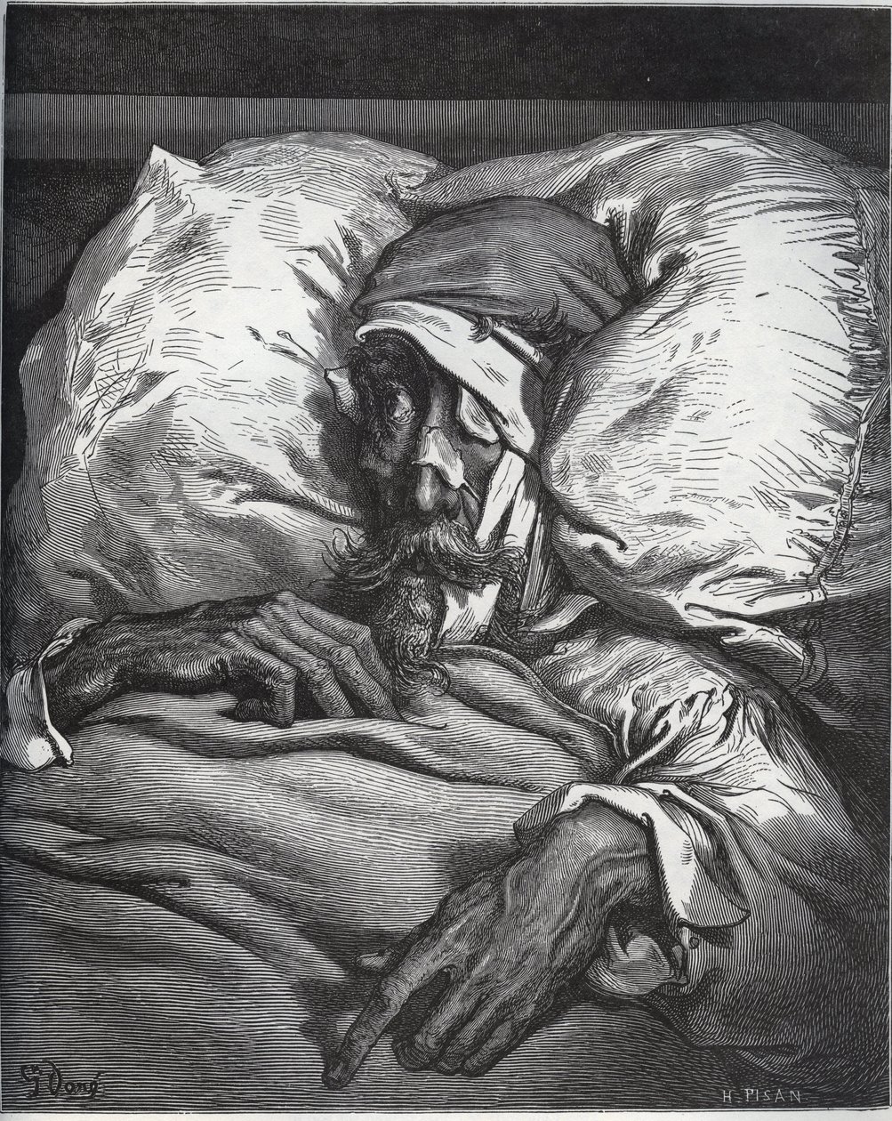 Don Quijote haavoittunut - Miguel Cervantesin (1547-1616) "Don Quijote de la Manchasta" (Don Quijote) - Puupiirros Gustave Doren piirtämänä tekijältä Gustave Dore