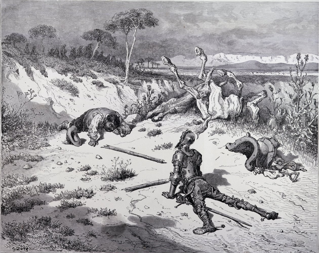 Don Quijoten moralisointi kiittämättömyydestä, Miguel Cervantesin (1547-1616) Don Quijote de la Manchasta, kaiverrettu Heliodore Joseph Pisan (1822-90) n. 1868 tekijältä Gustave Dore