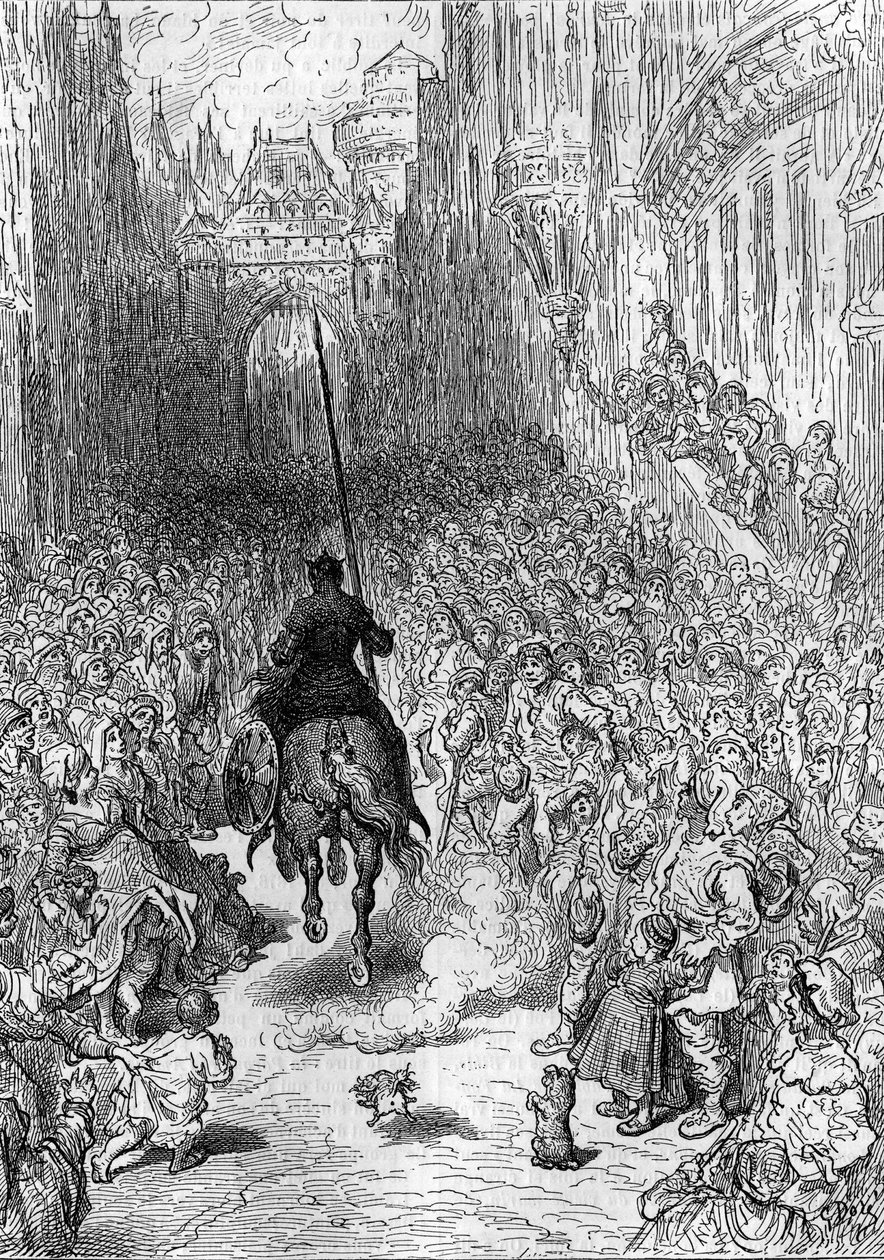 Gustave Doren (1832-1883) piirros Ludovico Arioston, joka tunnetaan nimellä Ariosta, runoon "" Furious Roland"" ("Furious Orlando") (1500-luku). Kaiverrus "" Nuorten päiväkirjaan"" tekijältä Gustave Dore