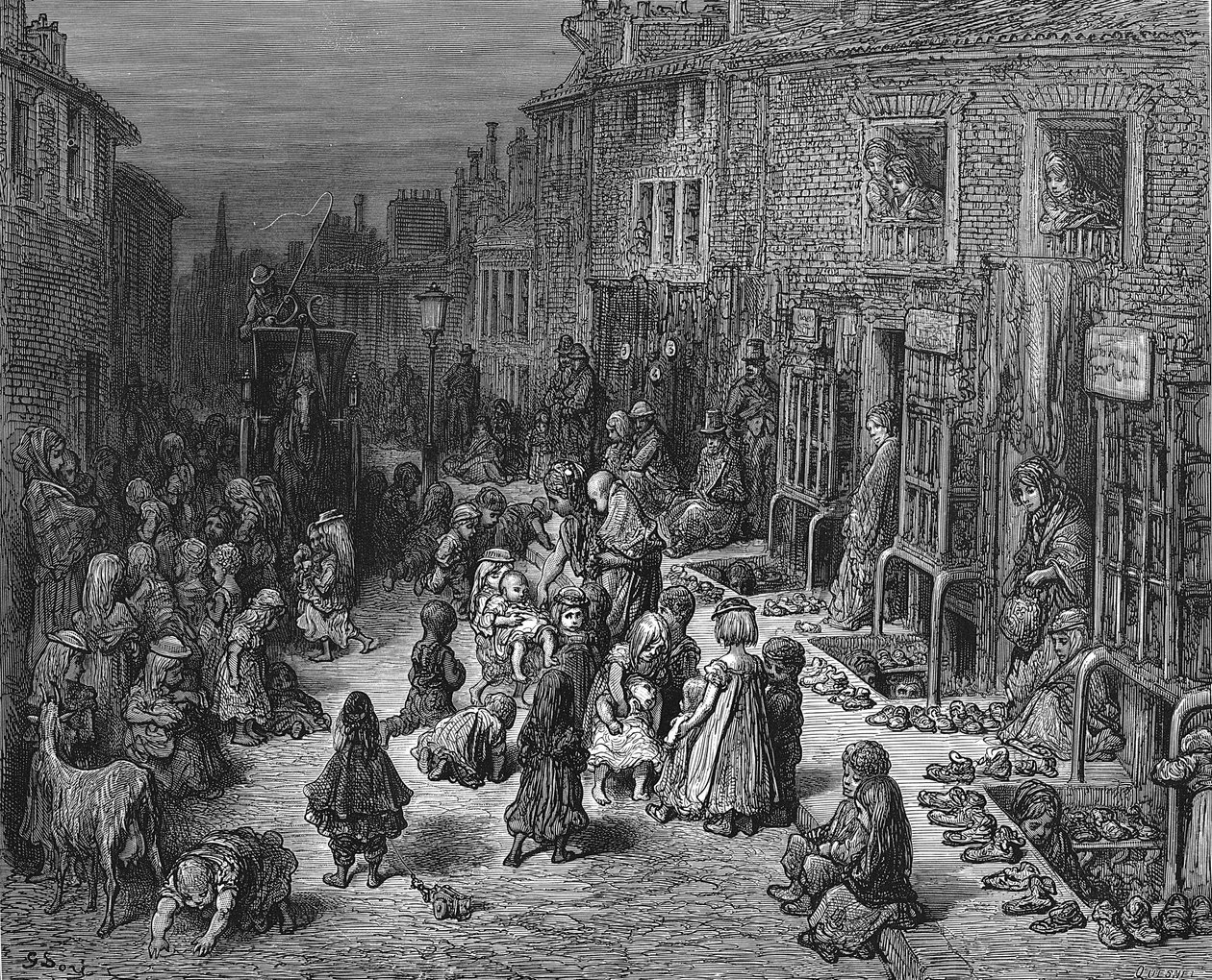 "Dudley Street, Seven Dials" : Gustave Dorelta ja Blanchard Jerroldilta Lontoo: Drold-Jerrold: A Pilgrimage London 1872: A Pilgrimage London 1872. Huolettomat, likaiset lapset leikkivät kadulla, kun taksilla yritetään ajaa läpi ajamatta heidän alleen. Puuk tekijältä Gustave Dore
