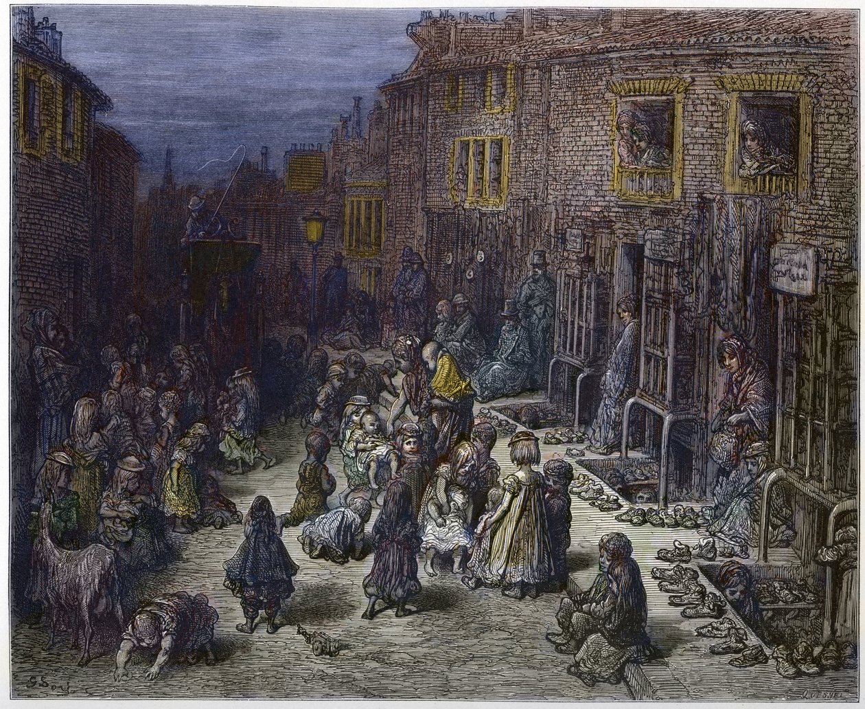 Dudley Street, Seitsemän kellotaulua Covent Gardenissa Lontoosta, pyhiinvaellusmatkasta, kirjoittanut William Blanchard Jerrold (1826-94) - Gustave Doren kuvitukset - 1872 - tekijältä Gustave Dore