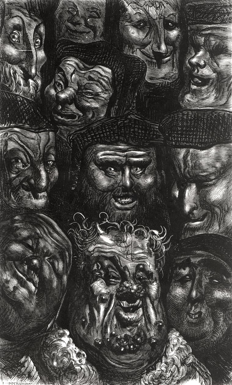 Yksitoista groteskista kasvoa Predhommen kaivertamasta Honore de Balzacin (1799-1850) Les Contes Drolatiquesista tekijältä Gustave Dore