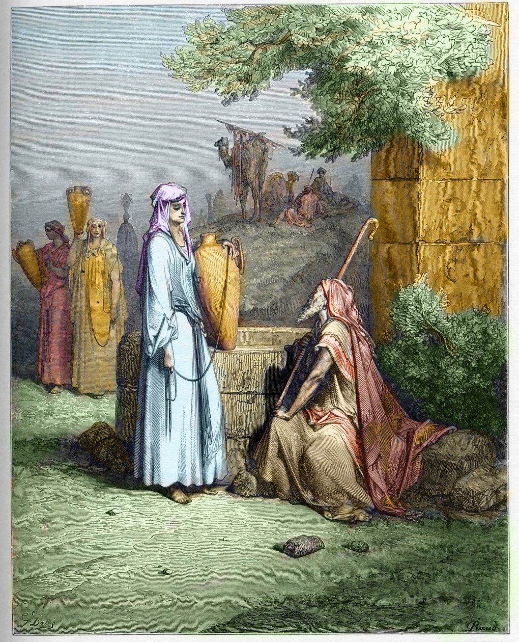 Eliezer ja Rebekka - Eliezer, Abrahamin palvelija, tarjoaa juotavaa vettä Rebekan toimesta - Eliezer ja Rebecca - kaiverrus Gustave Doren (1832-1883) "The Bible illustree" -kaiverrukseen "" Dore Biblesta"" tekijältä Gustave Dore