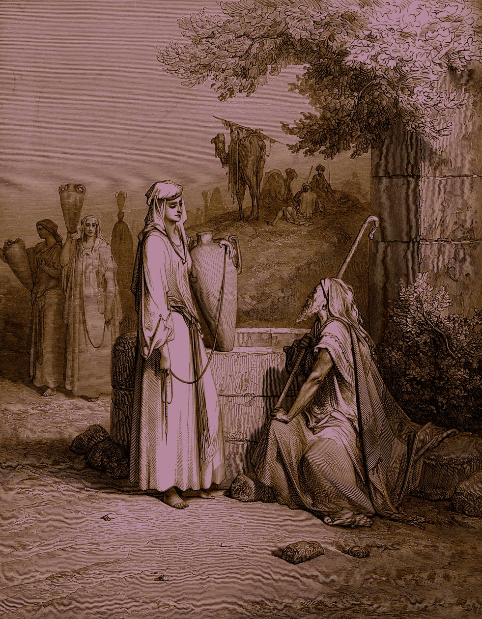 Eliezer ja Rebeka / Rebecca, kaiverrus Dorén. - Raamattu tekijältä Gustave Dore