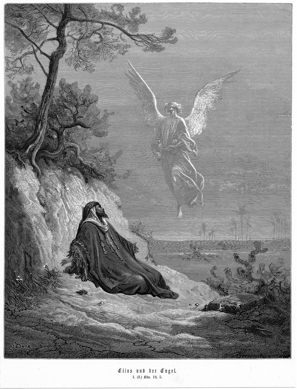 Elia menee erämaahan ja pyytää kuolemaa, mutta enkeli tulee ja käskee häntä "Nouse ja syö". Raamattu 1 Kuninkaat 19.5. Gustave Doren Raamatusta 1865-1856. Puunkaiverrus tekijältä Gustave Dore