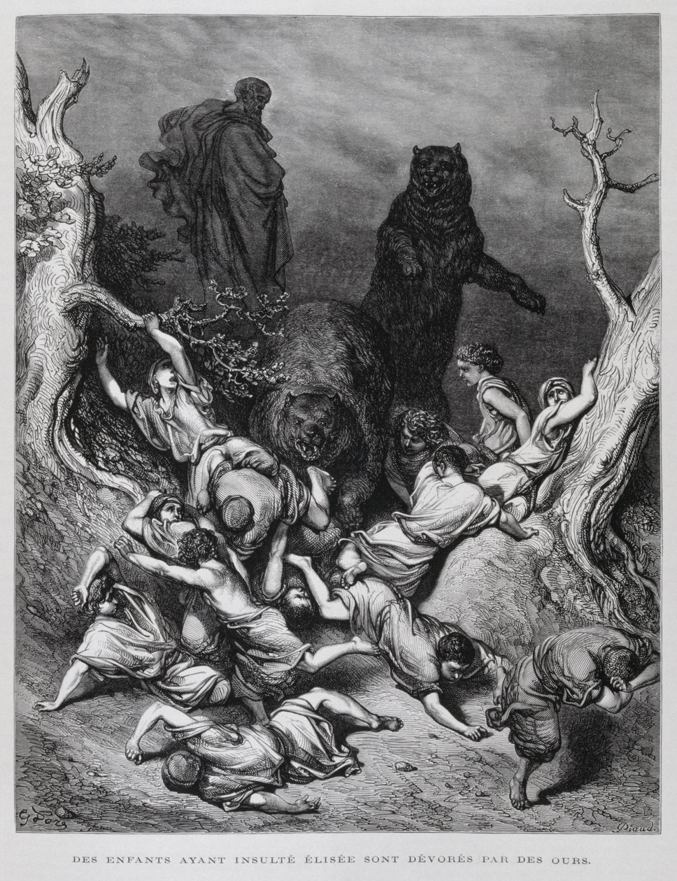 Elisa katselee, kun karhut tuhoavat lapset, kuvitus Dore- Raamattuun. tekijältä Gustave Dore