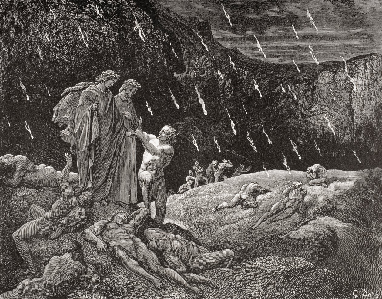 Gustave Doren kaiverrus 1832-1883 Ranskalainen taiteilija ja kuvittaja Dante Alighierin Infernon XV laulun 28. ja 29. riviä varten. tekijältä Gustave Dore
