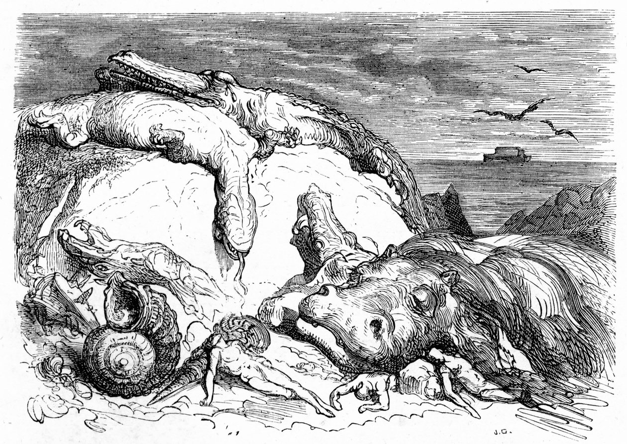Gustave Doren kaiverrus noin 1850: apokalyptisen vedenpaisumuksen mieleen palauttaminen, jossa yhdistyvät raamatullinen perinne (kaukana näkyy Nooan arkki merellä) ja tieteellisen tiedon alku (vuorella epäonnistuvat erilaiset hirviöeläimet, jotka ovat epäo tekijältä Gustave Dore