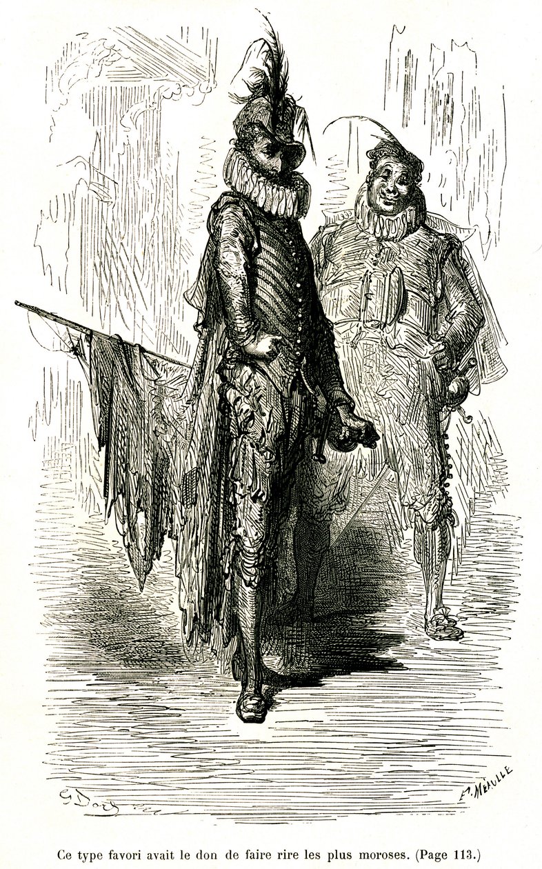 Gustave Doren kaiverrus, joka kuvittaa Theophile Gautierin romaania "Kapteeni Fracasse". Charpentier Edition 1863. Kaksi koomikkoa (commedia dell
