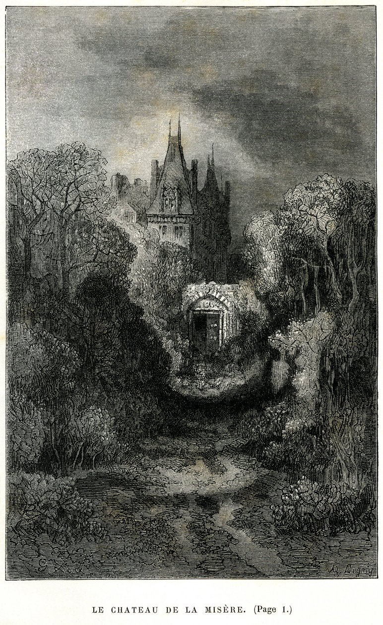Gustave Doren kaiverrus Theophile Gautierin romaanin "Kapteeni Fracasse" etukuvassa. Charpentier Edition 1863. Chateau de la Misere, paroni de Sigognacin koti. tekijältä Gustave Dore
