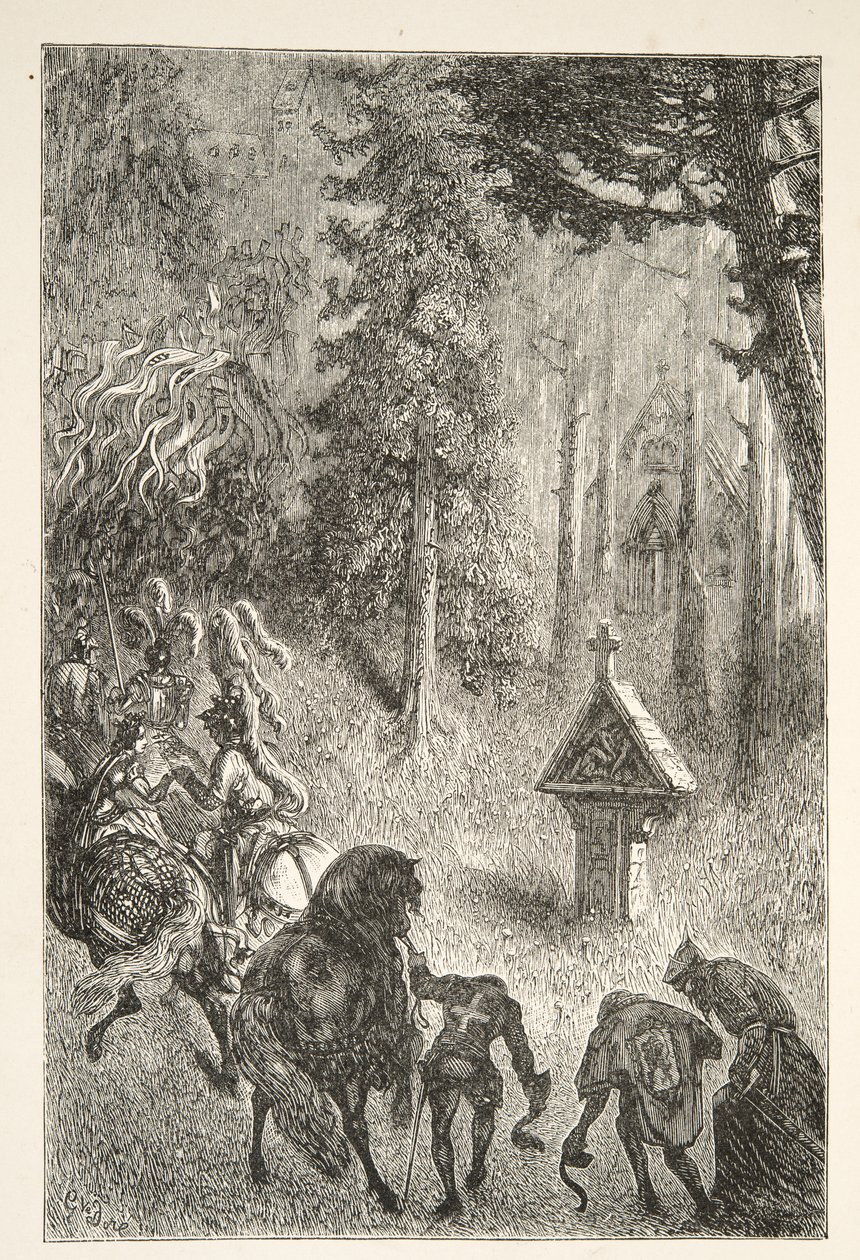 Gueneverin saattaminen Cameliardista, Charles Henry Hansonin teoksesta Tarinoita kuningas Arthurin päivistä, julkaistu 1898. tekijältä Gustave Dore
