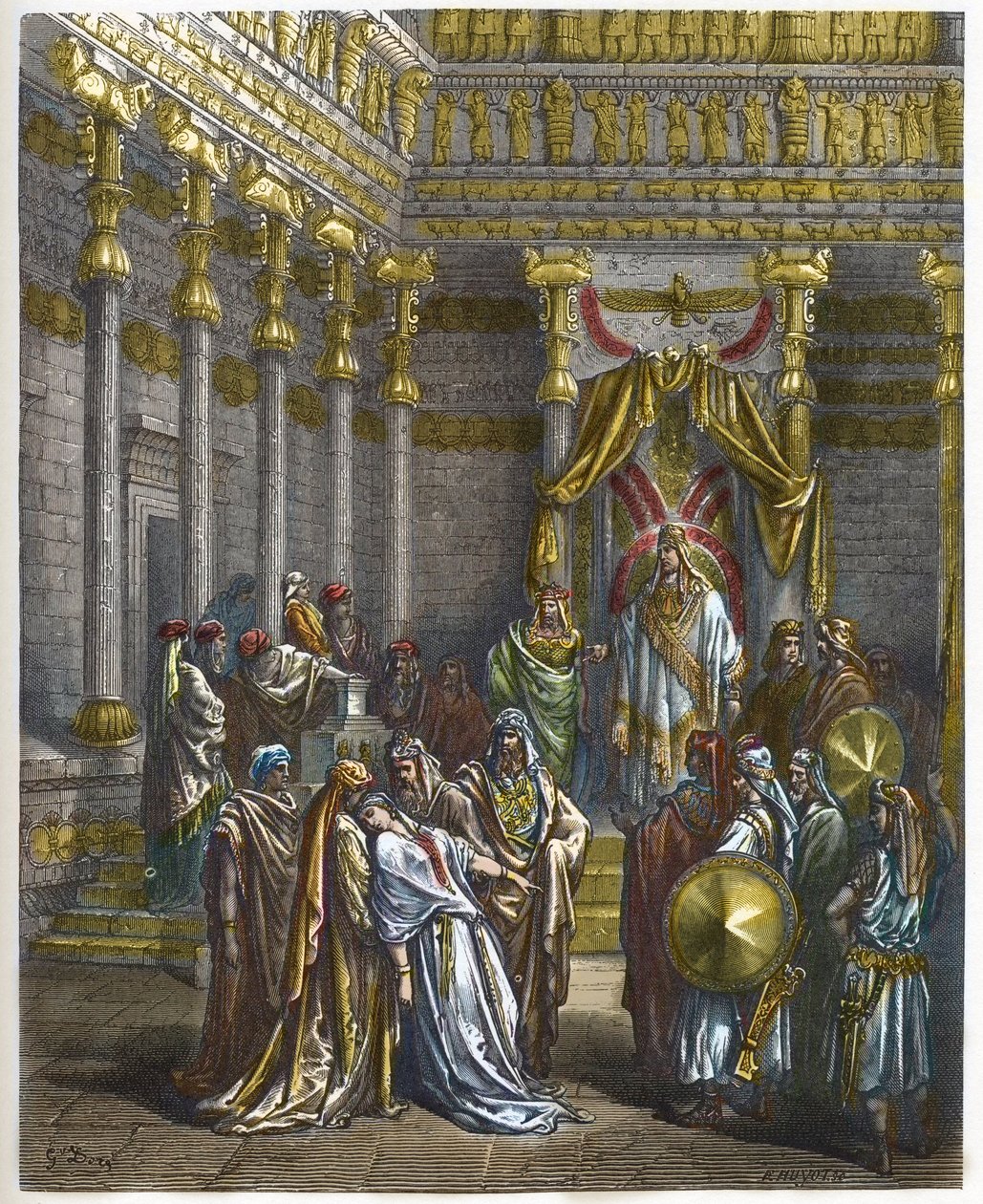 Ester pyörtyy Persian kuningas Assueruksen edessä 1. (Xerxes 1.) - Kuningatar Ester pyörtyy kuningas Ahasveruksen edessä - - Kaiverrus Gustave Doren (1832-1883) "The Bible illustree" -kirjaan - Kaiverrus "" Dore Biblesta"" tekijältä Gustave Dore
