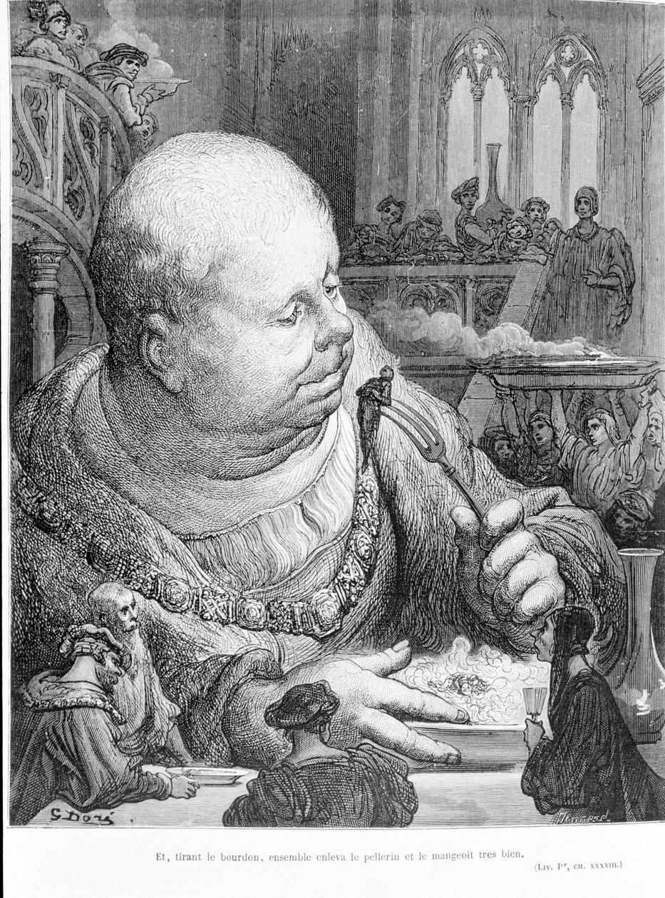 Ote Gargantuasta (1534), kirjoittanut François Rabelais (1483 - 1553): Ja vetäen kimalaista poistettiin yhdessä pelleriini ja söivät sen erittäin hyvin. Gustave Doren (1823-1883) kaiverrus tekijältä Gustave Dore
