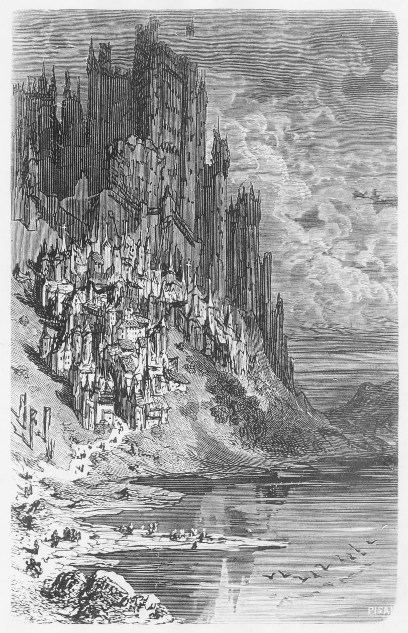 Fantasiamaisema, kaupunki ja linna, kuvitus Honore de Balzacin (1799-1850) Les Contes Drolatiquesista tekijältä Gustave Dore
