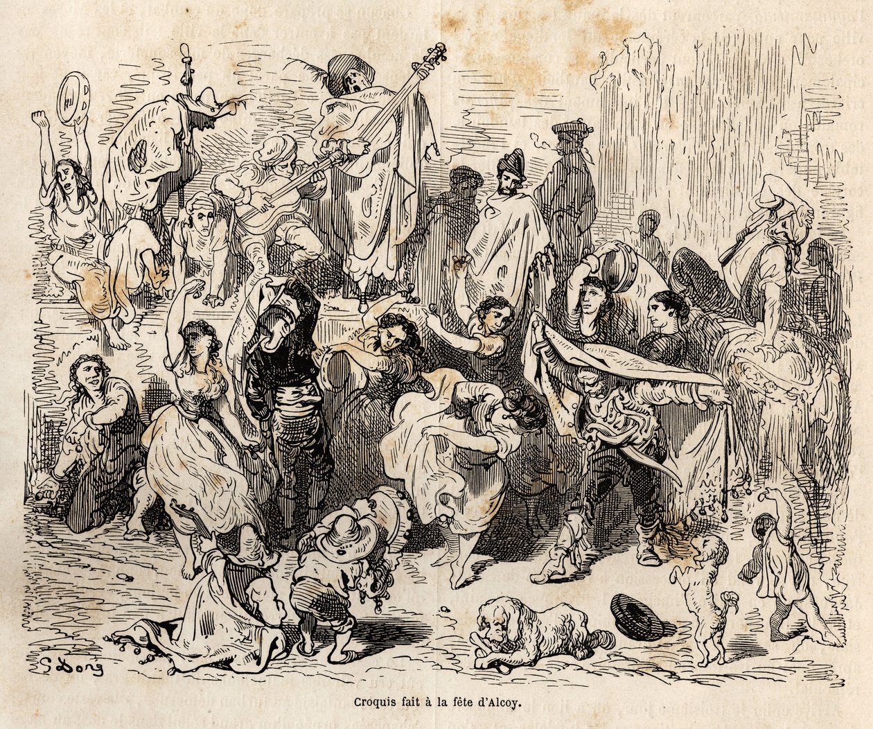 Alcoyn kaupungin suojelijan Pyhän Yrjön juhlat, luonnos Gustave Doren (1832-1883) vilkkaasta kuvauksesta havainnollistamaan hänen matkaansa Espanjaan vuonna 1862 Ch. Davillier. Kaiverrus kirjassa "" Le tour du monde", toimittanut Edouard Charton tekijältä Gustave Dore