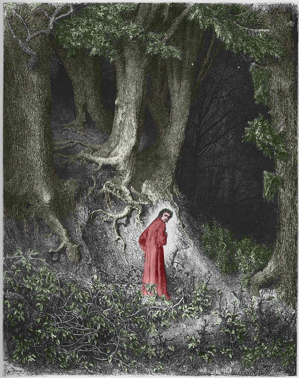 Helvetin ensimmäinen laulu: runoilija Dante löytää itsensä metsästä. Kuvitus Gustave Dore tekijältä Gustave Dore