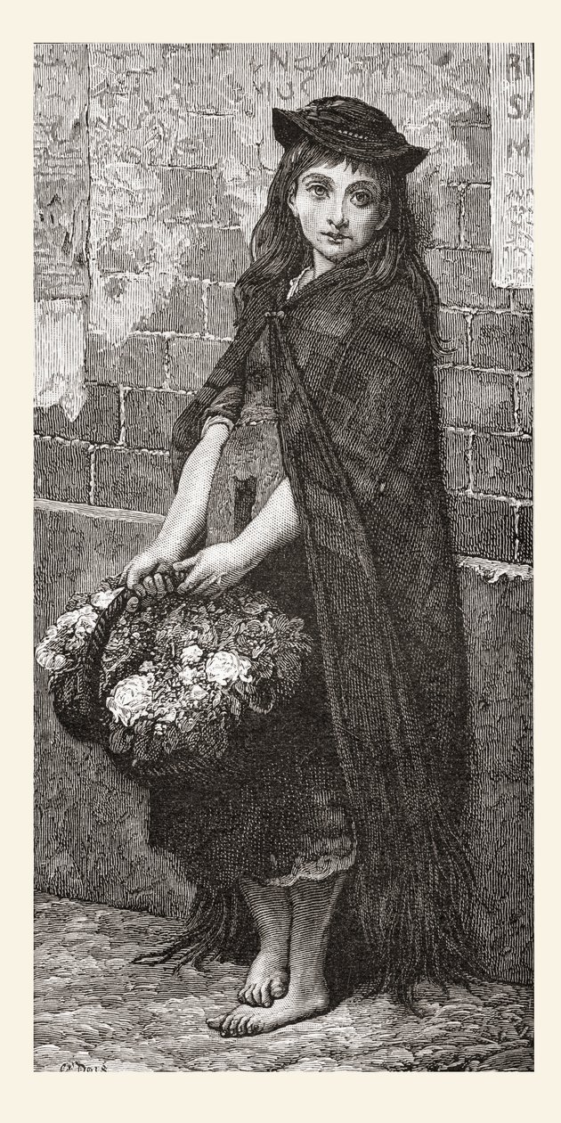 Kukkatyttö Gustave Doren teoksen mukaan. Teoksesta Life and Reminiscences of Gustave Dore, julkaistu 1885. tekijältä Gustave Dore