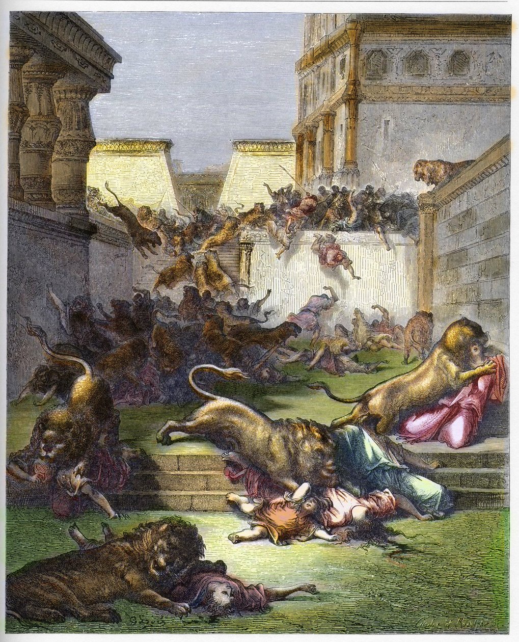 Leijonien nielemät ulkomaalaiset Samariassa - Vanha testamentti. Leijonien nielemät ihmiset Samariassa - kaiverrus Gustave Doren (1832-1883) "The Bible illustree" -kirjaan - Kaiverrus "" Dore Biblesta"" tekijältä Gustave Dore